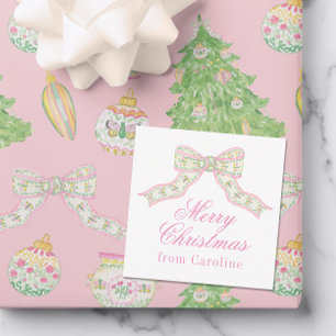 Watercolor Pink & Green Butterfly Bow Christmas Card