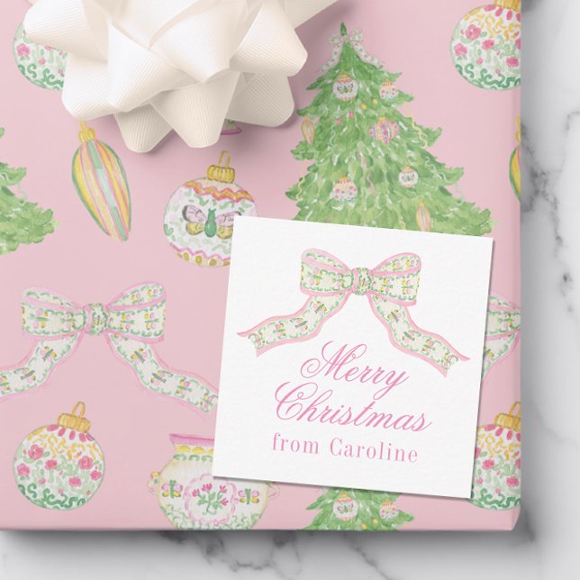 Watercolor Pink & Green Butterfly Bow Christmas Card (Creator Uploaded)