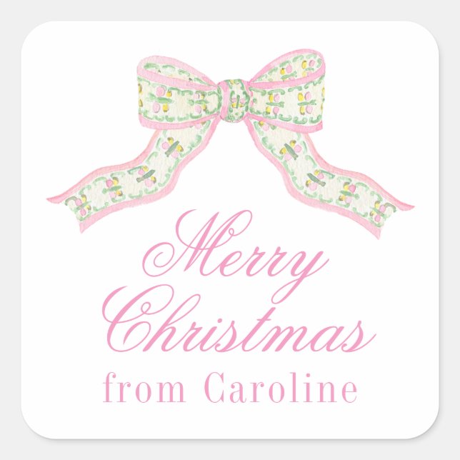 Watercolor Pink & Green Butterfly Bow Christmas Square Sticker (Front)