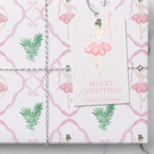 Watercolor Pink & Green Christmas Ballerinas Photo Gift Tags