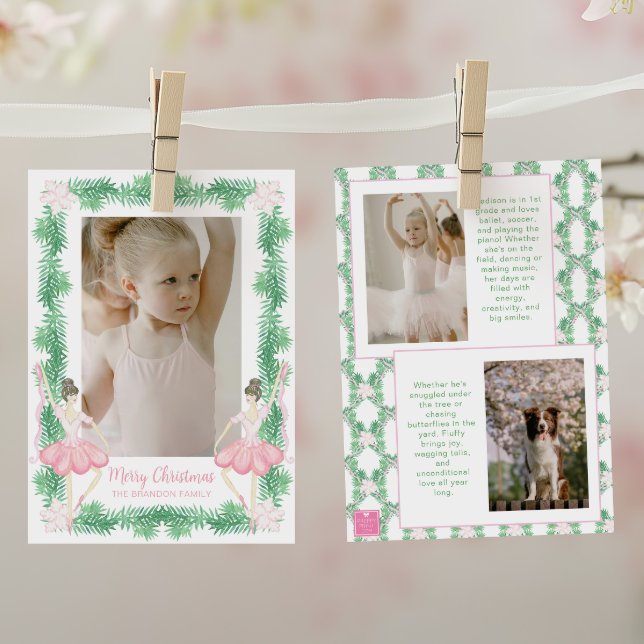 Watercolor Pink & Green Christmas Ballerinas Photo Holiday Card (Creator Uploaded)