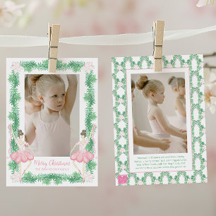 Watercolor Pink & Green Christmas Ballerinas Photo Holiday Card