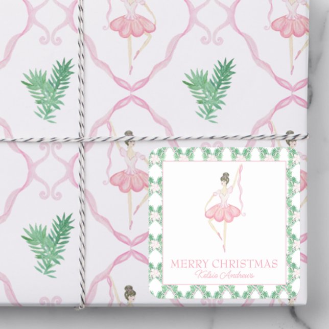 Watercolor Pink & Green Christmas Ballerinas Photo Square Sticker (Creator Uploaded)