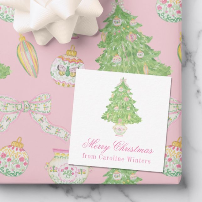 Watercolor Pink & Green Christmas Bow Tree Card (Creator Uploaded)