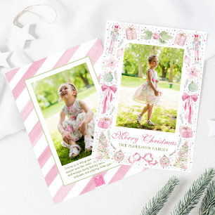 Watercolor Pink & Green Christmas Frame Photo Holiday Card