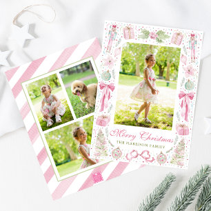 Watercolor Pink & Green Christmas Frame Photo Holiday Card