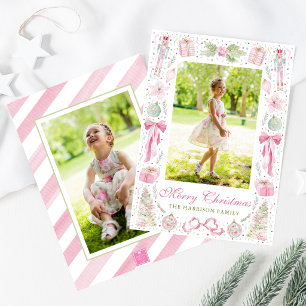 Watercolor Pink & Green Christmas Frame Photo Holiday Card