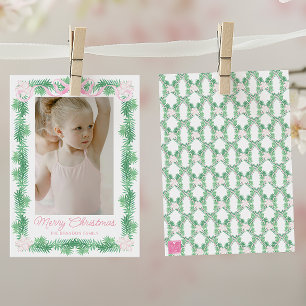 Watercolor Pink & Green Christmas Garland Photo Holiday Card