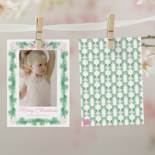 Watercolor Pink & Green Christmas Garland Photo Holiday Card (Creator Uploaded)