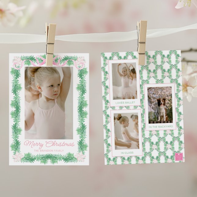 Watercolor Pink & Green Christmas Garland Photo Holiday Card (Creator Uploaded)