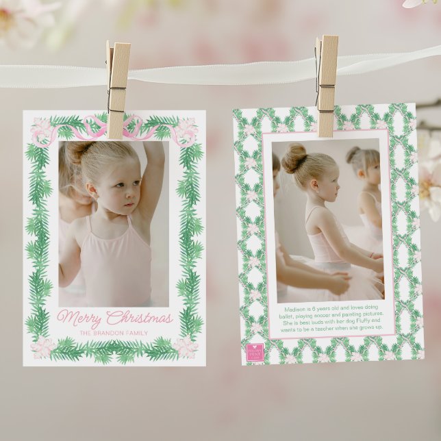 Watercolor Pink & Green Christmas Garland Photo Holiday Card (Creator Uploaded)