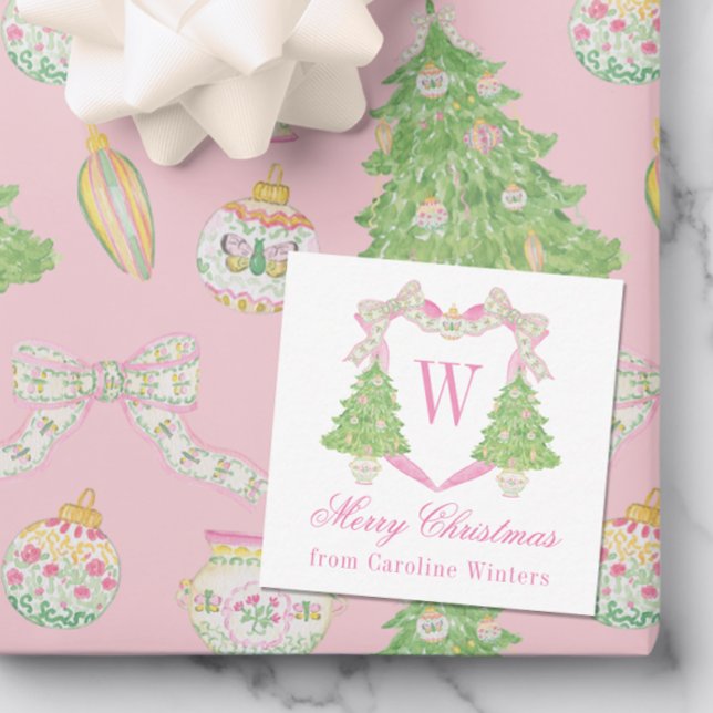 Watercolor Pink & Green Christmas Monogram Crest Card (Creator Uploaded)