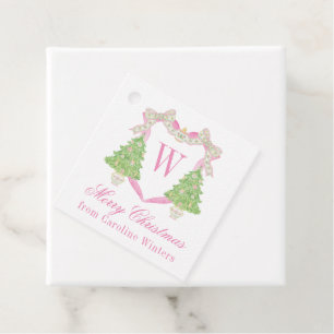 Watercolor Pink & Green Christmas Monogram Crest Favour Tags