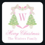 Watercolor Pink & Green Christmas Monogram Crest Square Sticker<br><div class="desc">PreppyPrint.com - Celebrate Christmas in style! Add your personalised touch. Transfer this design onto the products of your choice too! Please visit my designer store,  PreppyPrint.com,  for coordinating items.</div>