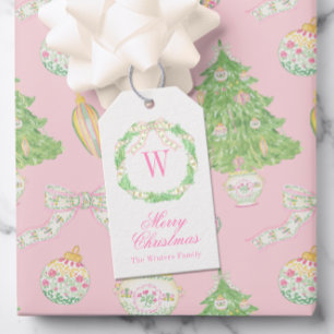 Watercolor Pink & Green Christmas Monogram Wreath Gift Tags