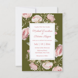 watercolor pink green floral bloom wedding  invitation