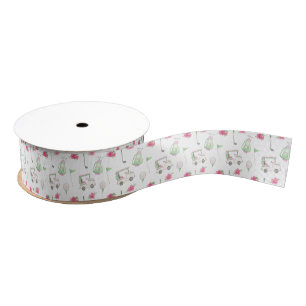 Watercolor Pink & Green Golf Cart Grosgrain Ribbon