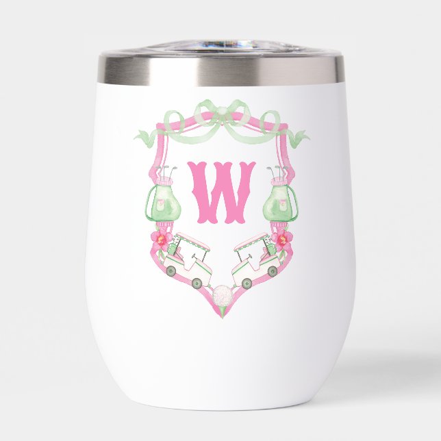 Watercolor Pink & Green Golf Cart Monogram Crest (Front)