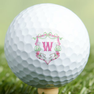 Watercolor Pink & Green Golf Cart Monogram Crest Balls