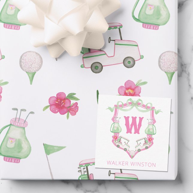 Watercolor Pink & Green Golf Cart Monogram Crest Card (Creator Uploaded)