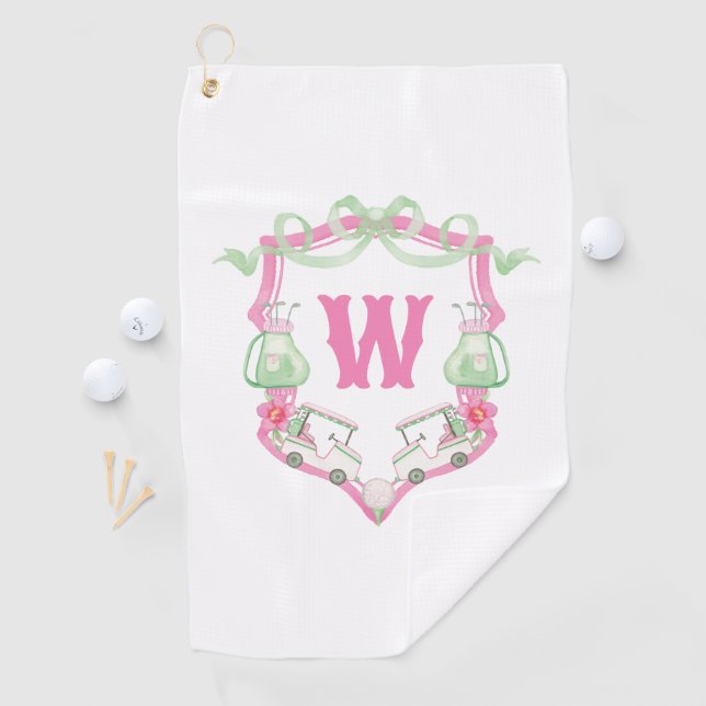 Watercolor Pink & Green Golf Cart Monogram Crest Golf Towel (InSitu)
