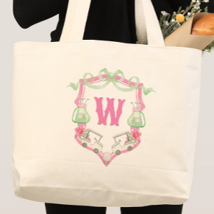 Watercolor Pink & Green Golf Cart Monogram Crest Large Tote Bag
