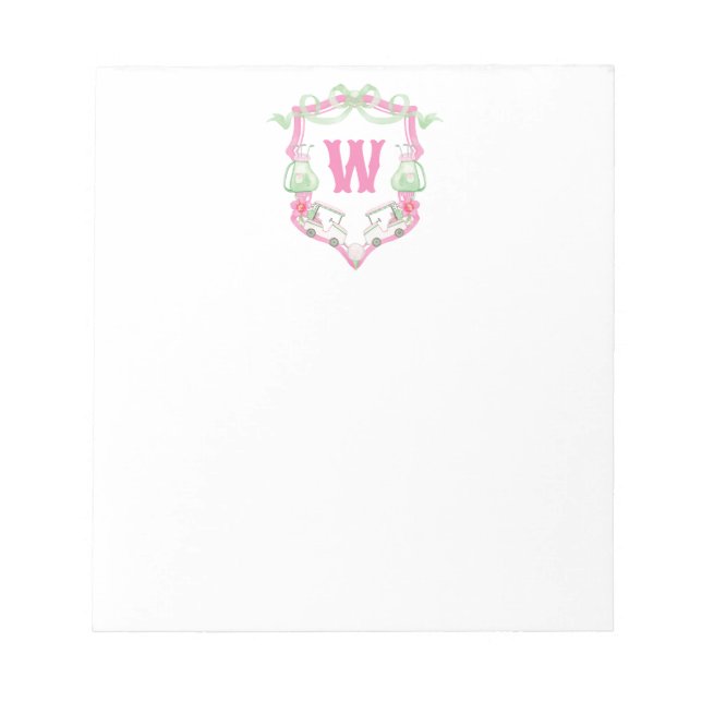 Watercolor Pink & Green Golf Cart Monogram Crest Notepad (Front)