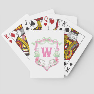 Watercolor Pink & Green Golf Cart Monogram Crest Playing Cards
