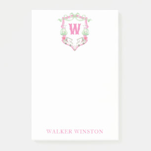 Watercolor Pink & Green Golf Cart Monogram Crest Post-it Notes