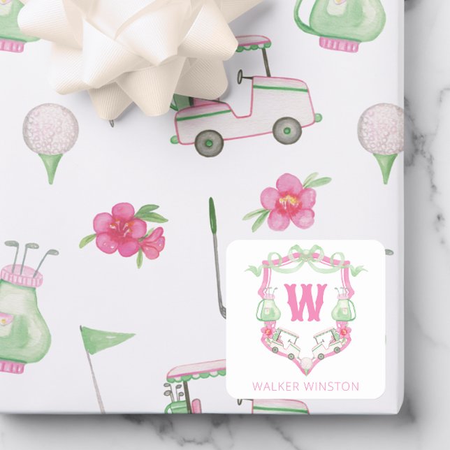 Watercolor Pink & Green Golf Cart Monogram Crest Square Sticker (Creator Uploaded)