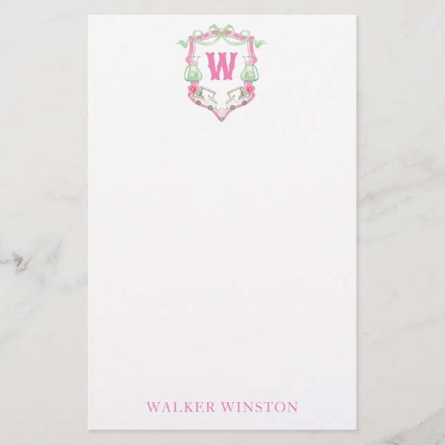 Watercolor Pink & Green Golf Cart Monogram Crest Stationery (Front)