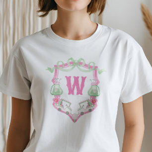 Watercolor Pink & Green Golf Cart Monogram Crest T-Shirt