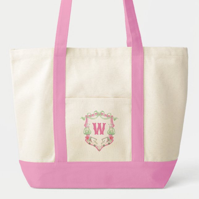 Watercolor Pink & Green Golf Cart Monogram Crest Tote Bag (Creator Uploaded)