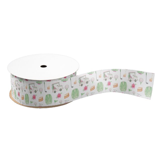 Watercolor Pink & Green Golf Cart Tournament Grosgrain Ribbon (Spool)