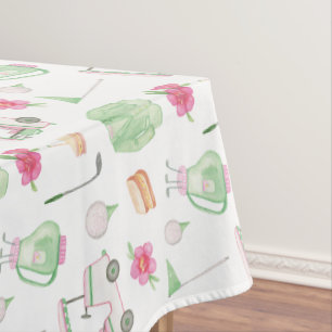 Watercolor Pink & Green Golf Cart Tournament Tablecloth