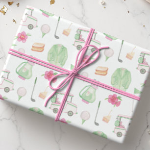Watercolor Pink & Green Golf Cart Tournament Wrapping Paper