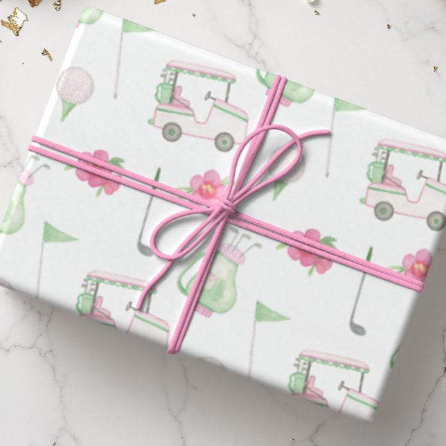 Watercolor Pink & Green Golf Cart Wrapping Paper (Creator Uploaded)