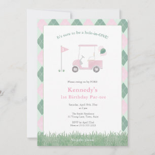 Watercolor Pink Green Golf Girl 1st Birthday Party Invitation