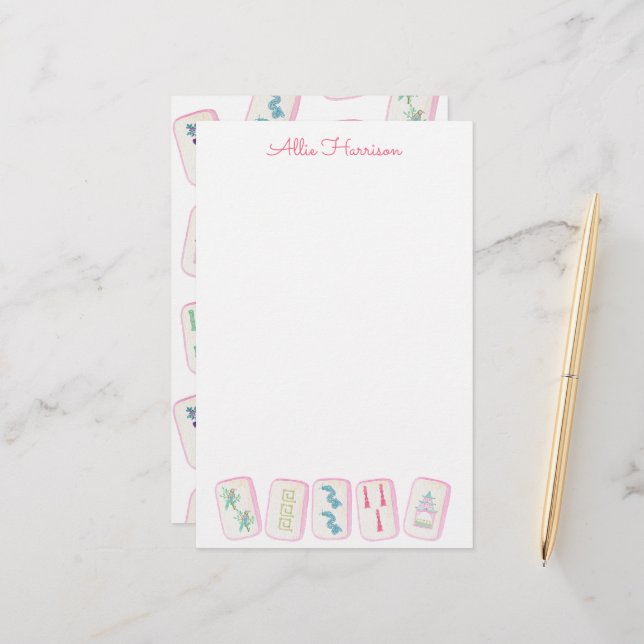 Watercolor Pink & Green Mahjong Tiles Personalised Stationery (Front/Back In Situ)