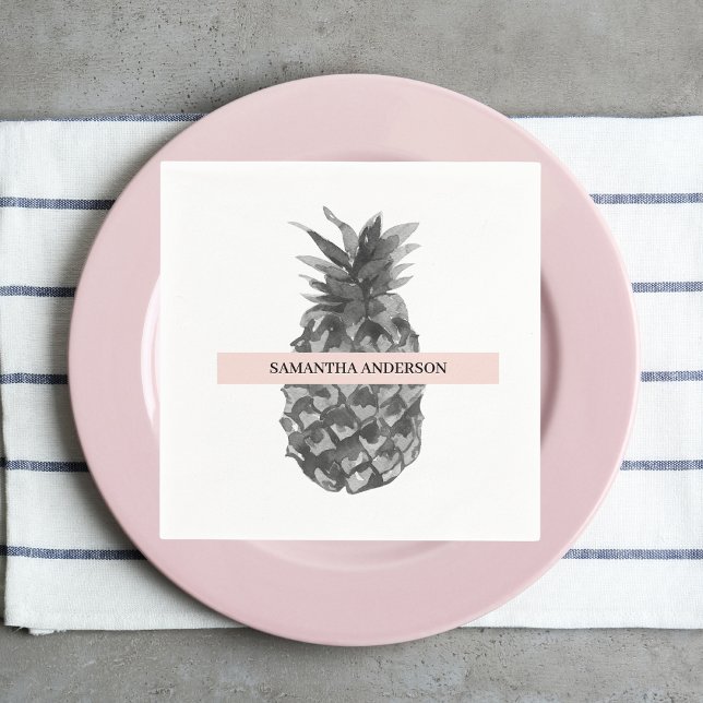 Watercolor Pink & Grey Pineapple | Your  Name Napkin (Creator Uploaded)