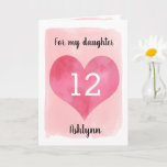 Watercolor Pink Heart 12th Birthday Daughter Card<br><div class="desc">A personalized daughter 12th birthday card that features a watercolor heart against pink watercolor. You can personalize the heart with the age you need and add her name underneath the heart. The inside message can be easily edited if wanted. The back of the card says Happy Birthday, which can also...</div>