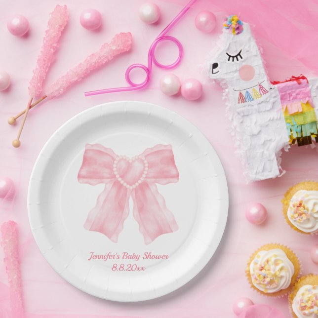 watercolor pink heart bow girl baby shower  paper plate (Party)