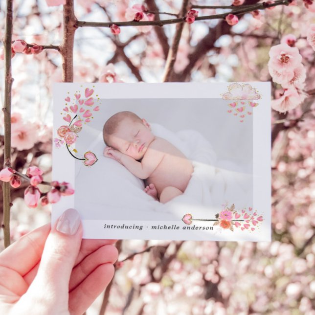 Watercolor Pink Hearts Baby Birth Announcement (Creator Uploaded)