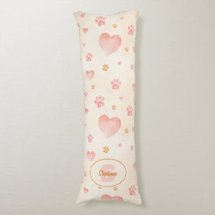 Watercolor Pink Hearts & Paw Prints Pattern Body Cushion