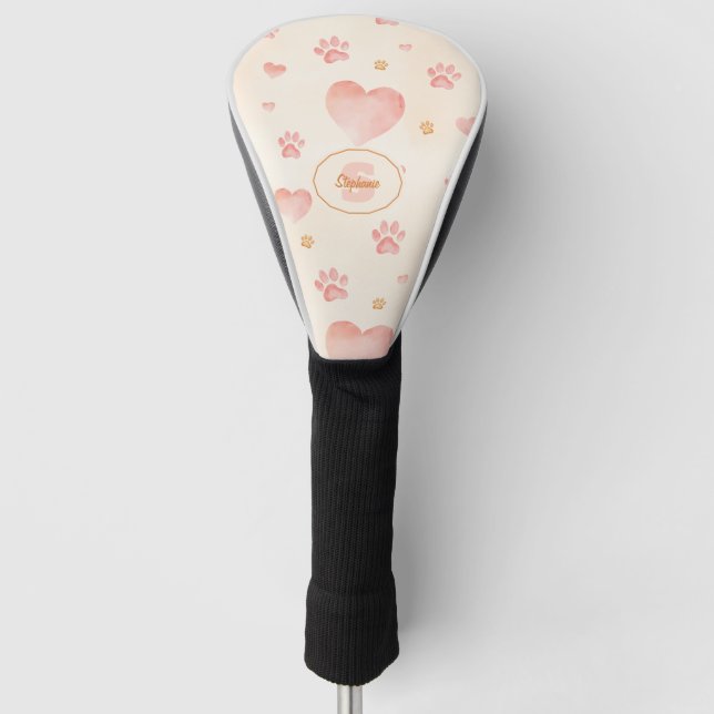 Watercolor Pink Hearts & Paw Prints Pattern Golf Head Cover (Front)