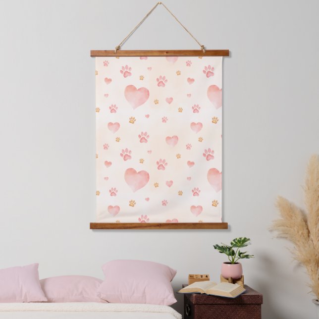 Watercolor Pink Hearts & Paw Prints Pattern Hanging Tapestry (Bedroom)