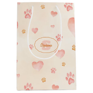 Watercolor Pink Hearts & Paw Prints Pattern Medium Gift Bag