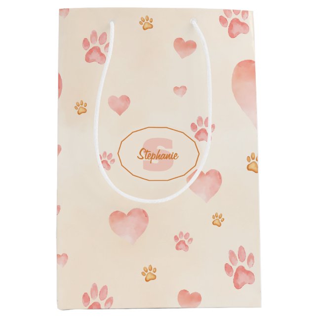 Watercolor Pink Hearts & Paw Prints Pattern Medium Gift Bag (Front)
