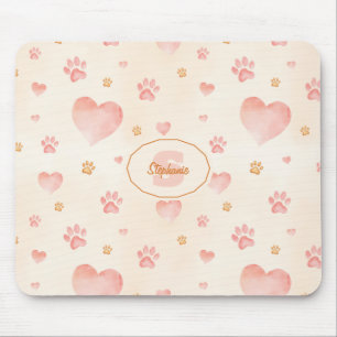 Watercolor Pink Hearts & Paw Prints Pattern Mouse Pad