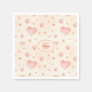Watercolor Pink Hearts & Paw Prints Pattern Napkin